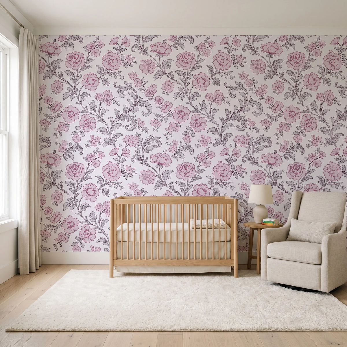 Blush Serenade Aubergine floral damask wallpaper in a calm, light-filled nursery