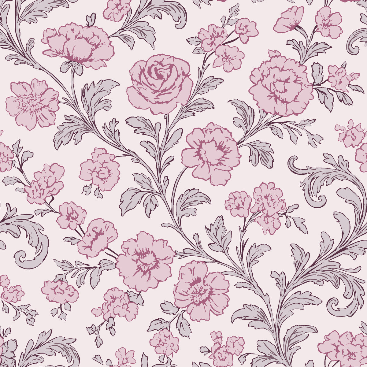 Blush Serenade Aubergine floral damask wallpaper in aubergine and mauve