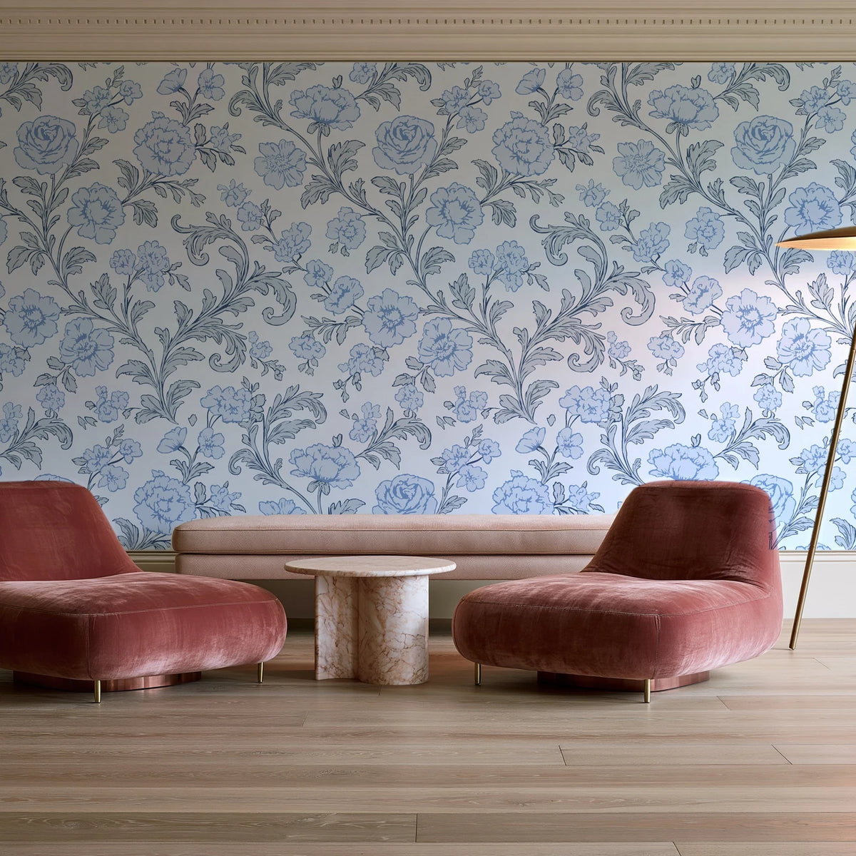 Blush Serenade Delft floral damask wallpaper in a boutique hotel sitting area