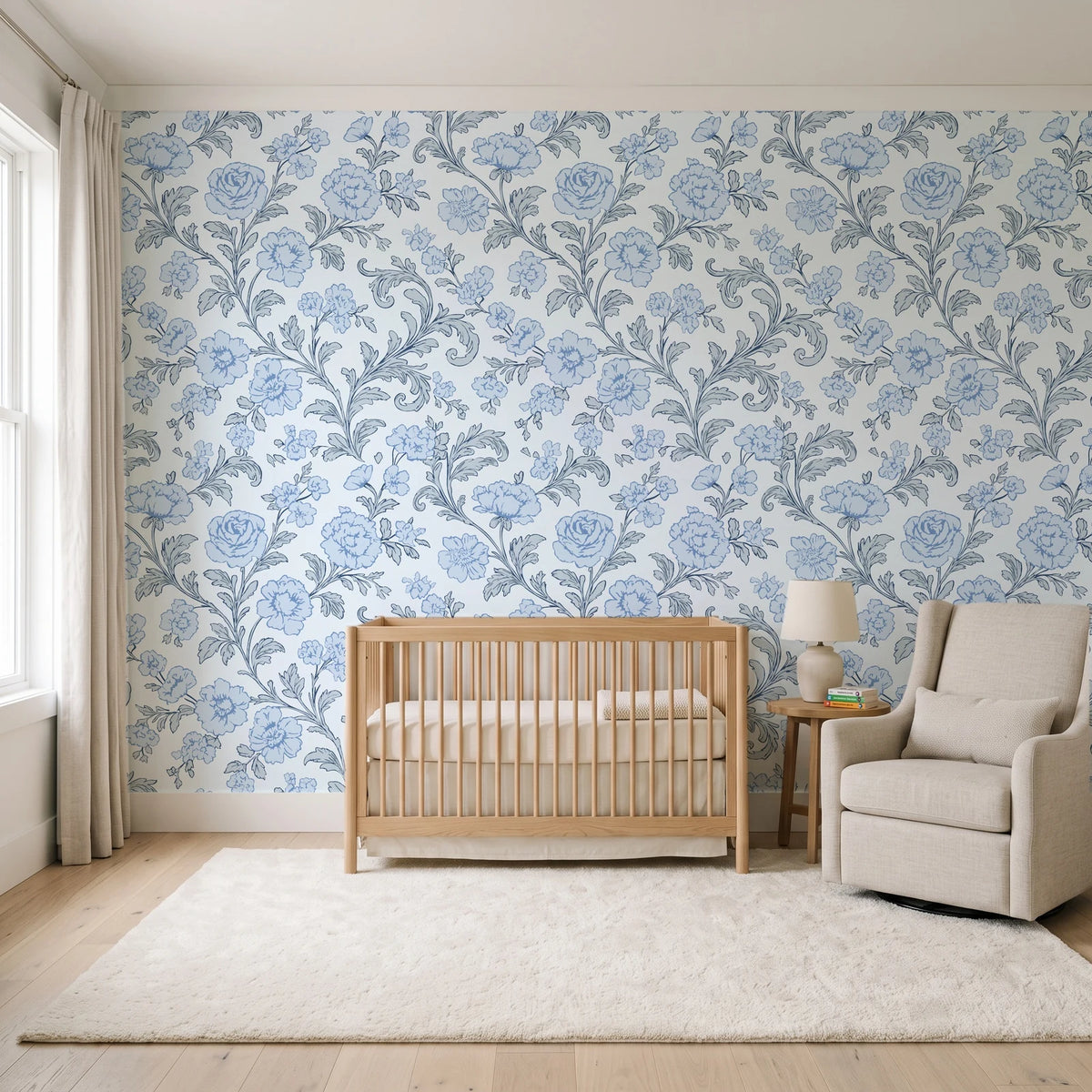 Blush Serenade Delft floral damask wallpaper in a calm, light-filled nursery