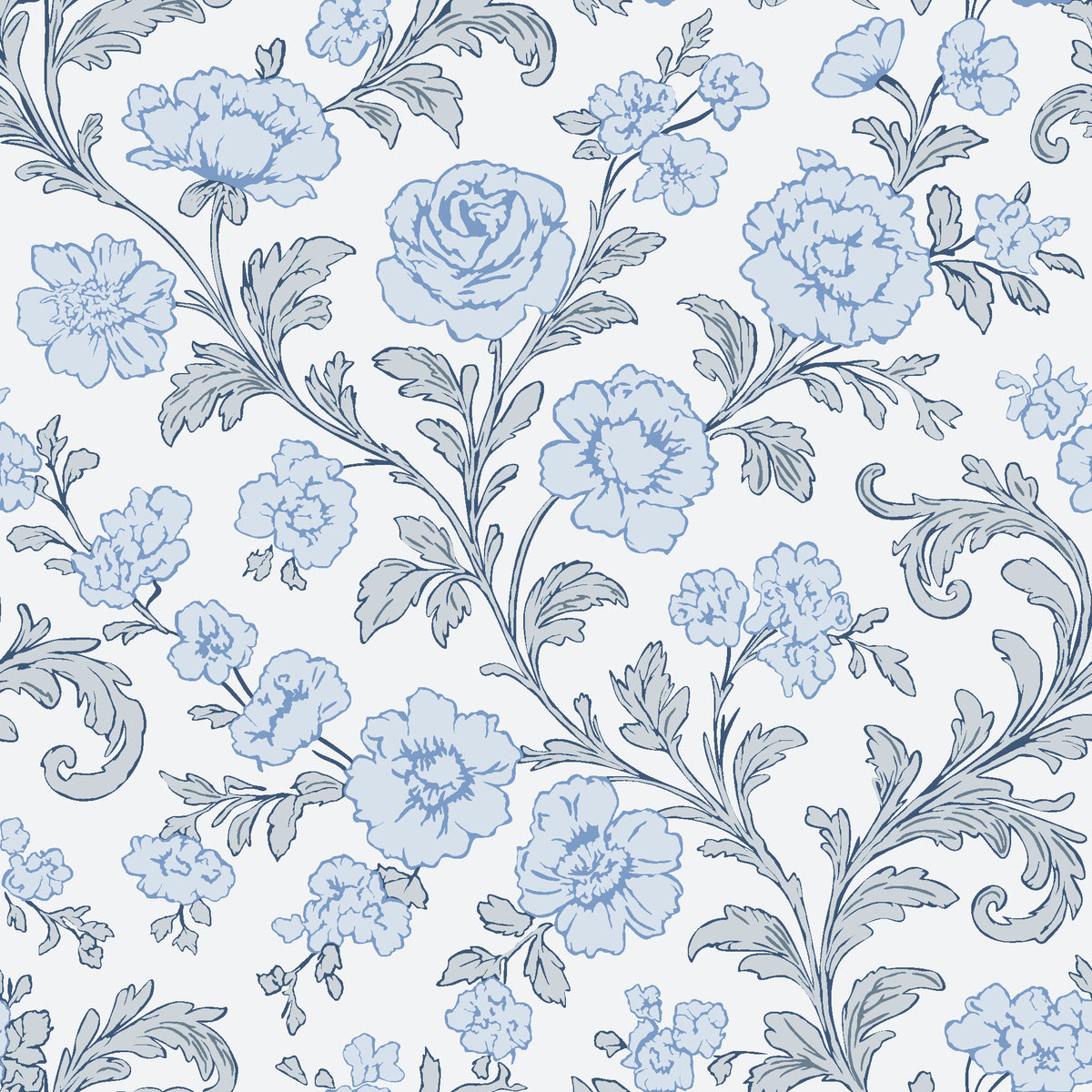 Blush Serenade Delft floral damask wallpaper in delft blue and white