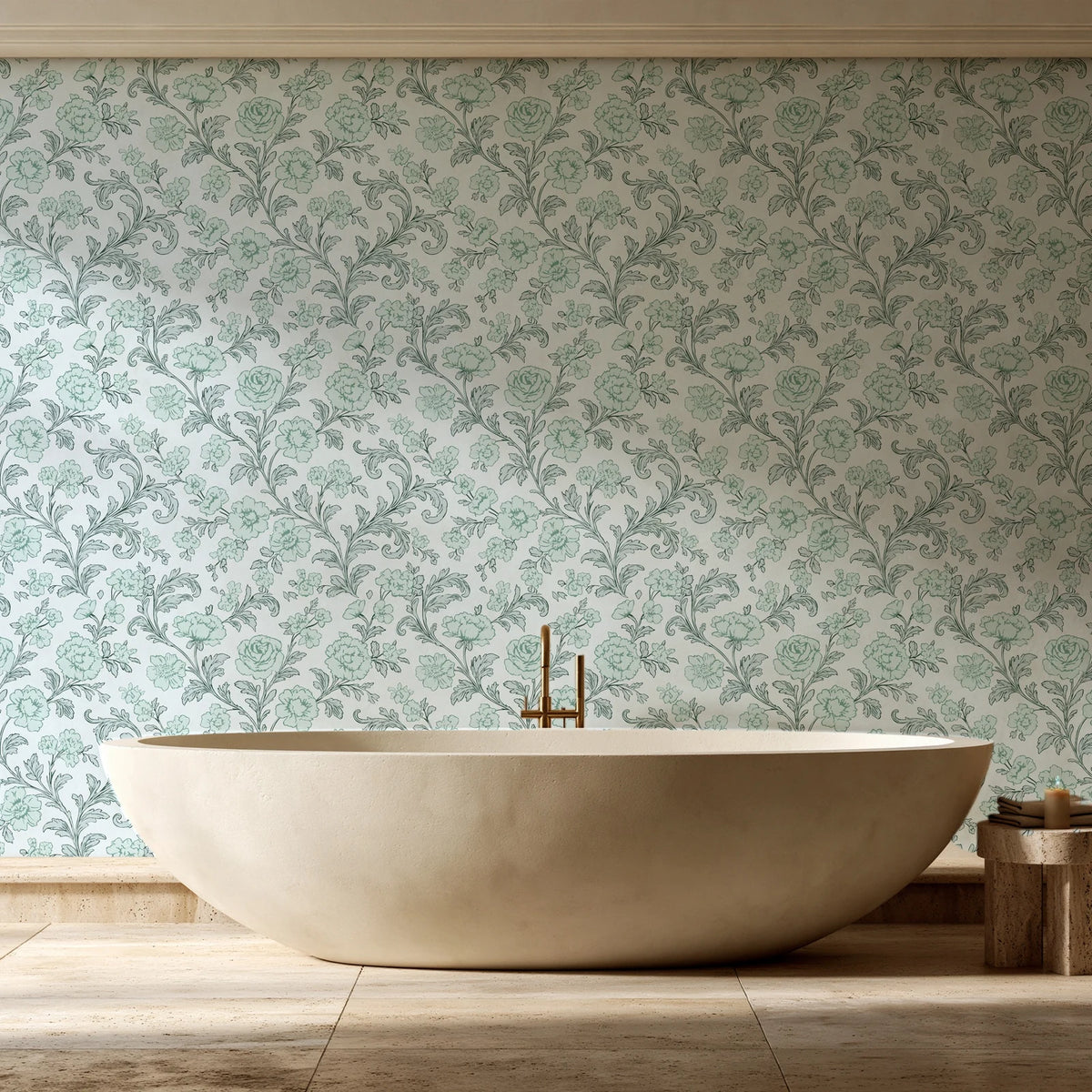Blush Serenade Garden floral damask wallpaper creating ambiance in a serene spa bathroom
