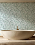 Blush Serenade Garden floral damask wallpaper creating ambiance in a serene spa bathroom