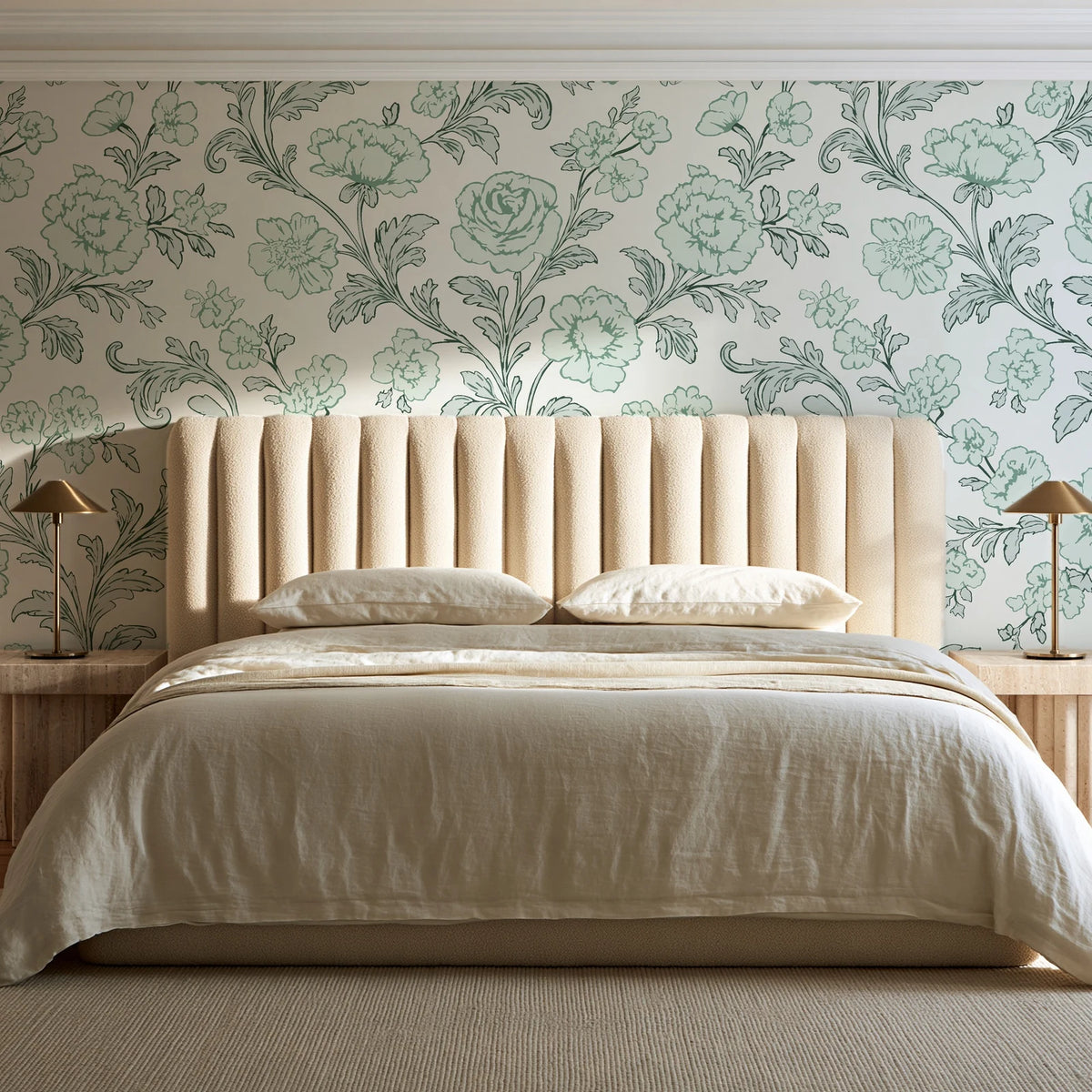 Blush Serenade Garden floral damask wallpaper behind a channel-tufted bed in a calm primary bedroom