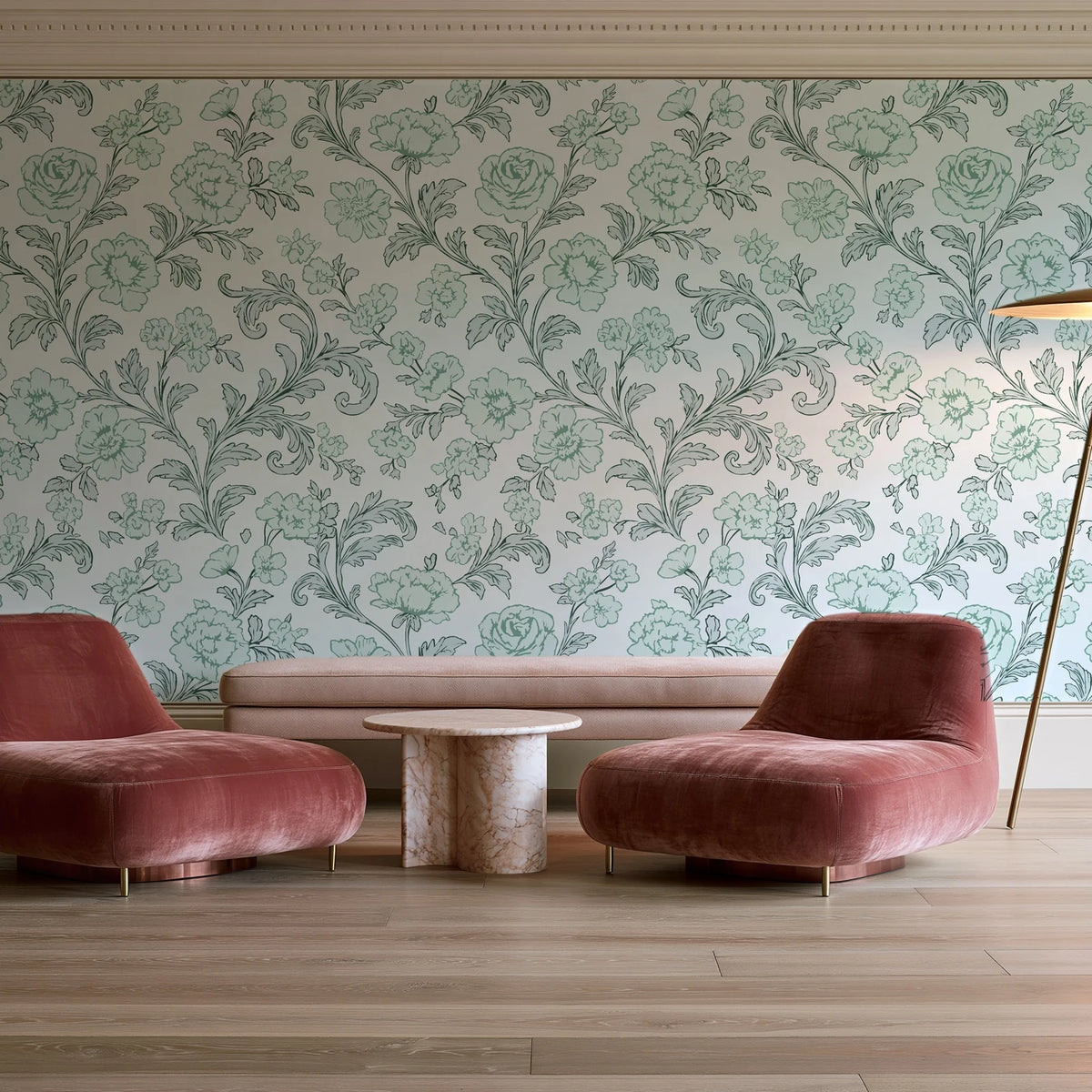 Blush Serenade Garden floral damask wallpaper in a boutique hotel sitting area
