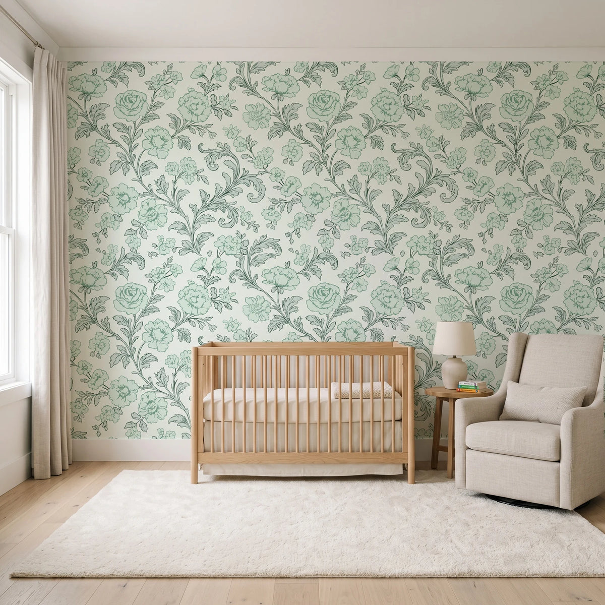 Blush Serenade Garden floral damask wallpaper in a calm, light-filled nursery