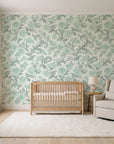 Blush Serenade Garden floral damask wallpaper in a calm, light-filled nursery