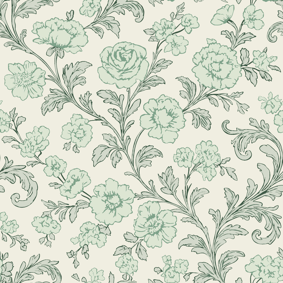 Blush Serenade Garden floral damask wallpaper in soft green and cream
