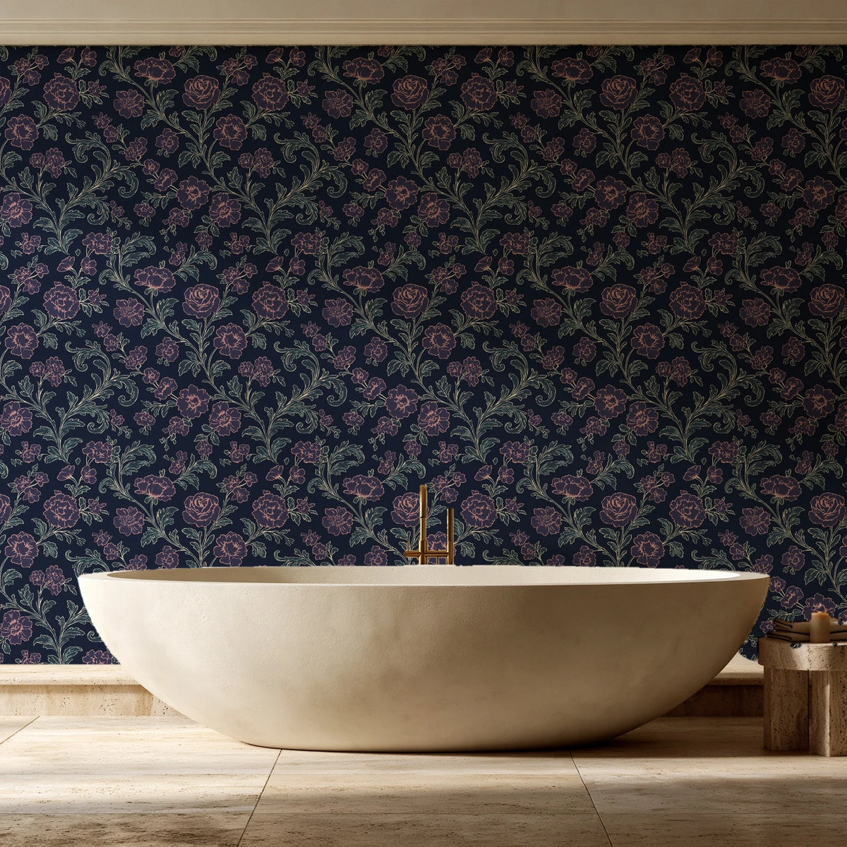 Blush Serenade Midnight floral damask wallpaper creating ambiance in a serene spa bathroom