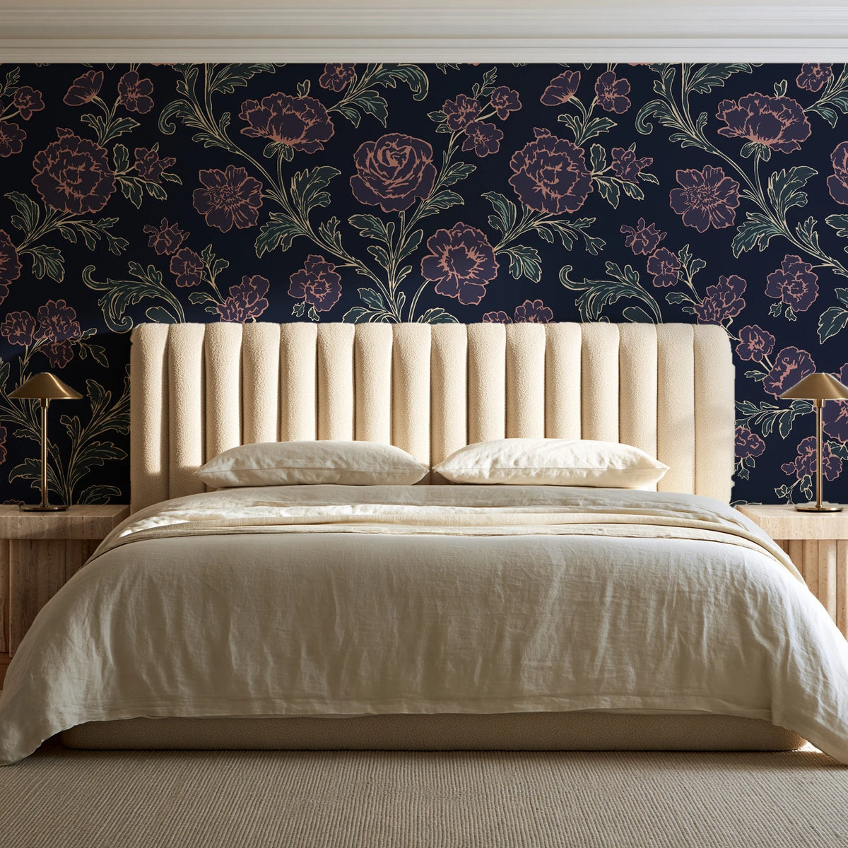 Blush Serenade Midnight floral damask wallpaper behind a channel-tufted bed in a calm primary bedroom