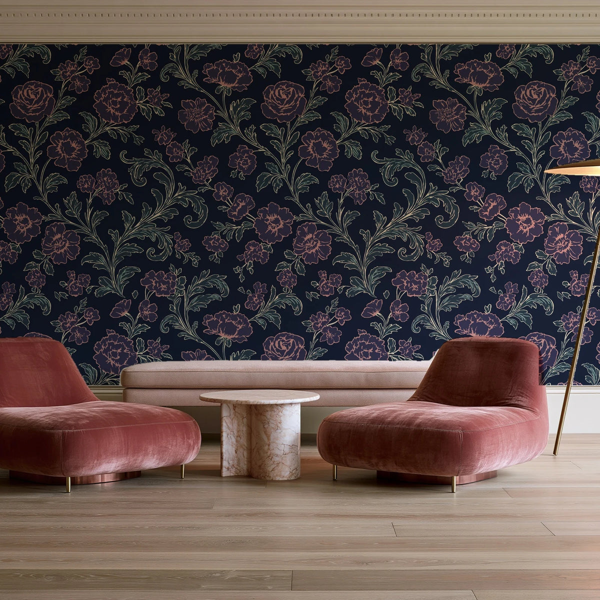 Blush Serenade Midnight floral damask wallpaper in a boutique hotel sitting area
