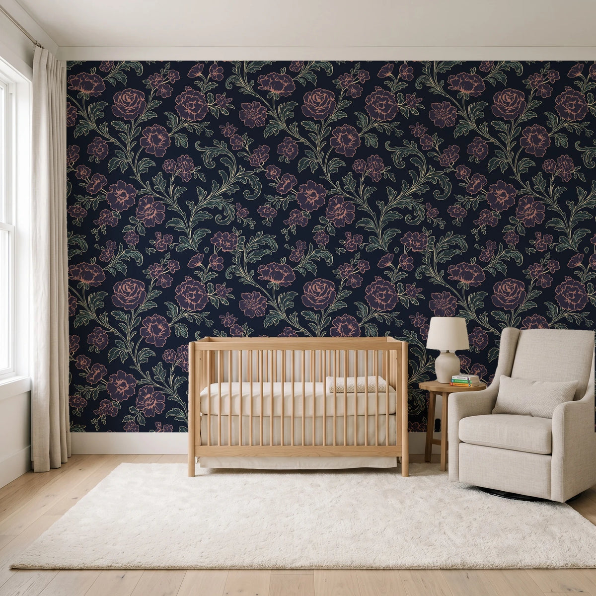 Blush Serenade Midnight floral damask wallpaper in a calm, light-filled nursery