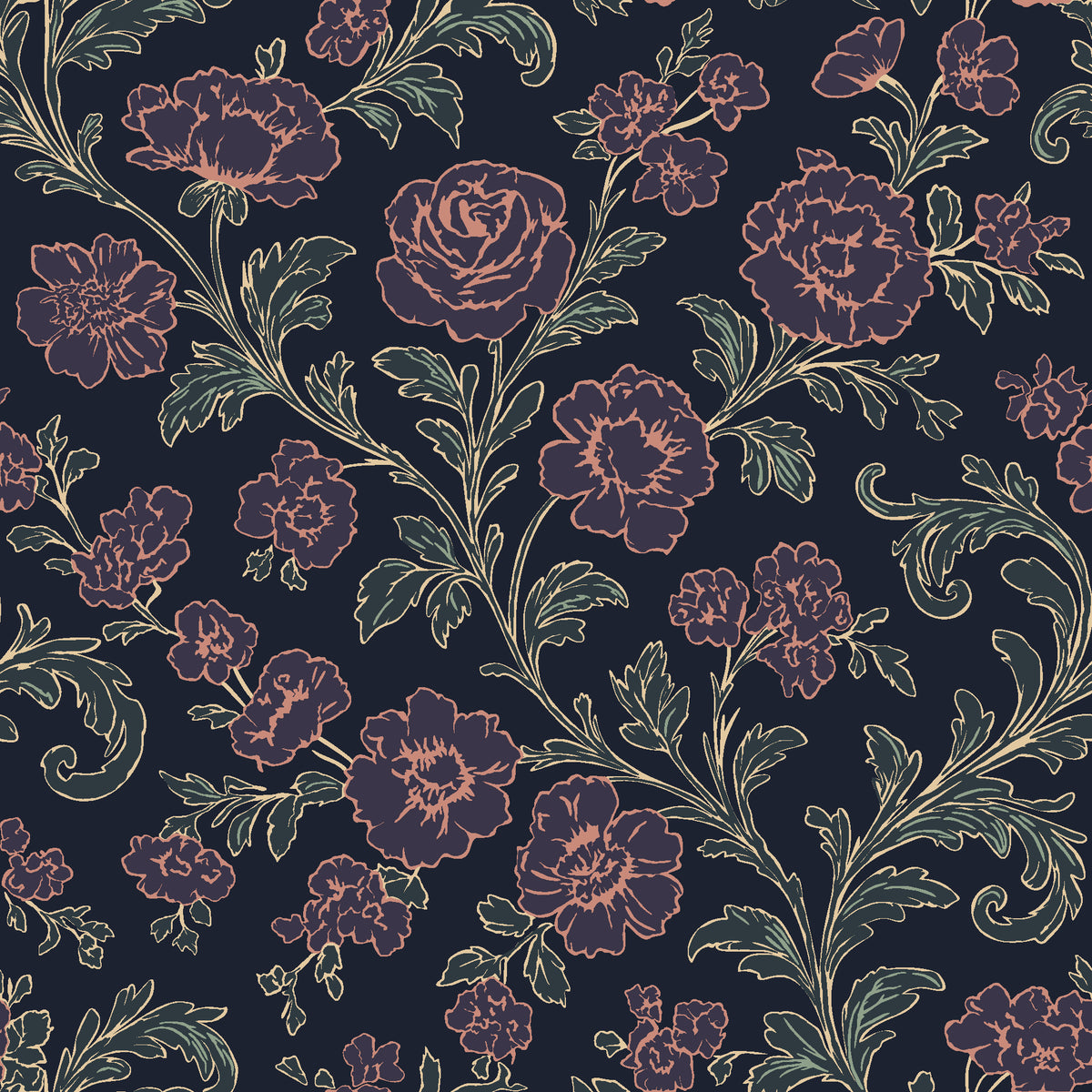 Blush Serenade Midnight floral damask wallpaper in midnight navy and rose