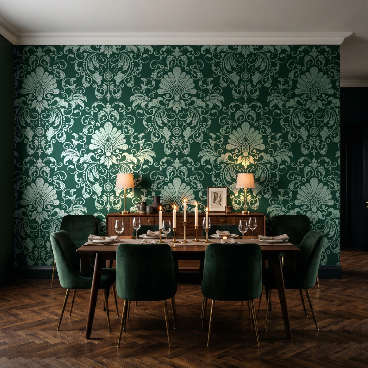 Blushed Whisper Emerald distressed damask wallpaper in a dark moody dining room with a candlelit table