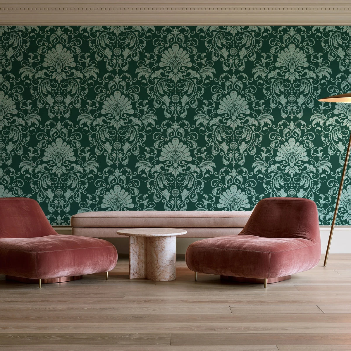 Blushed Whisper Emerald distressed damask wallpaper in a boutique hotel sitting area