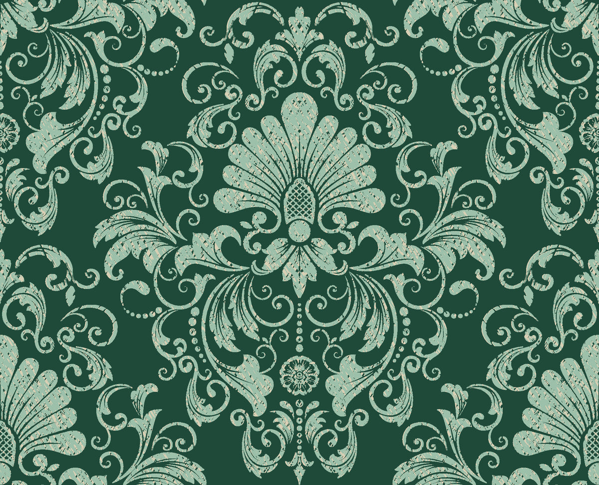 Blushed Whisper Emerald distressed damask wallpaper in emerald and sage