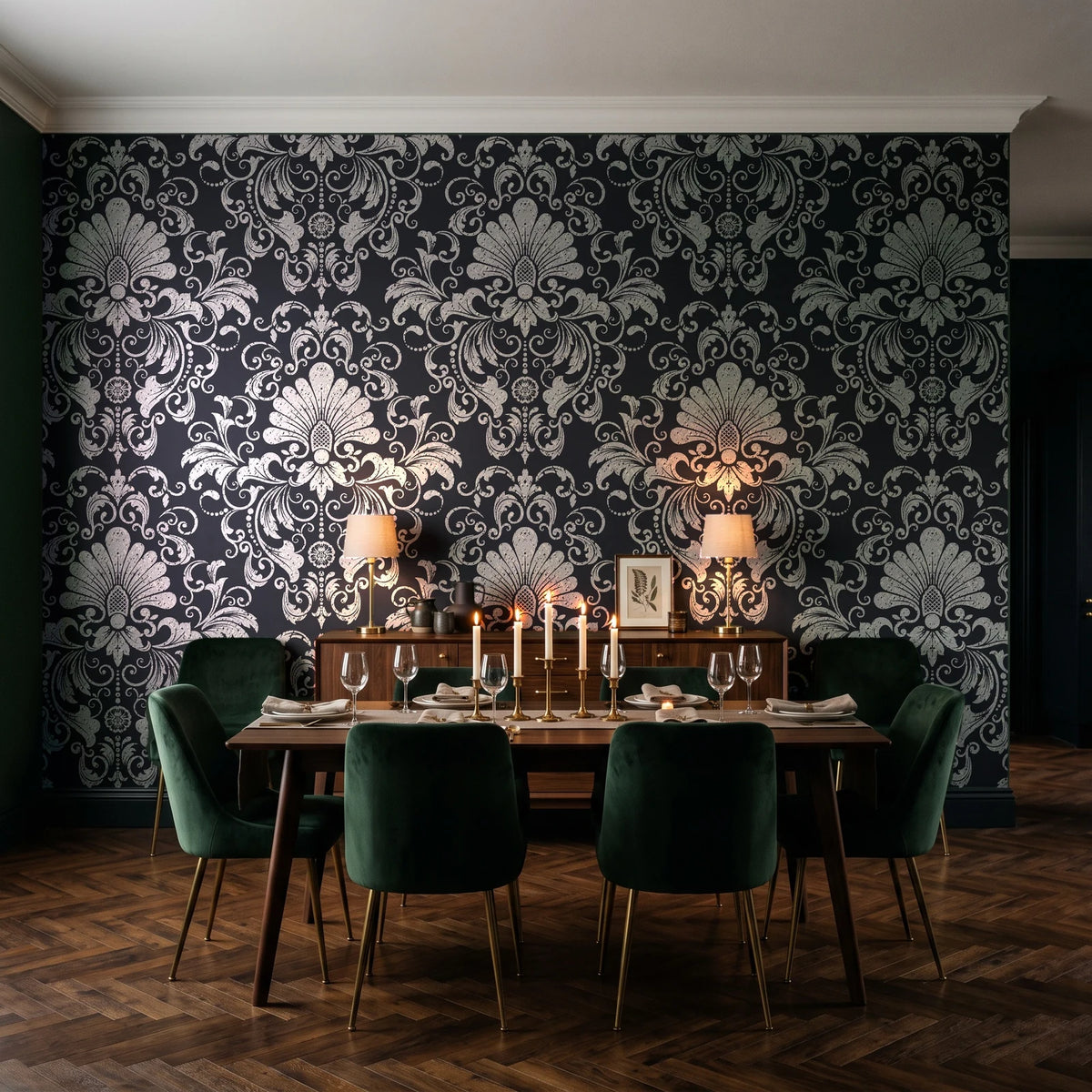 Blushed Whisper Graphite distressed damask wallpaper in a dark moody dining room with a candlelit table