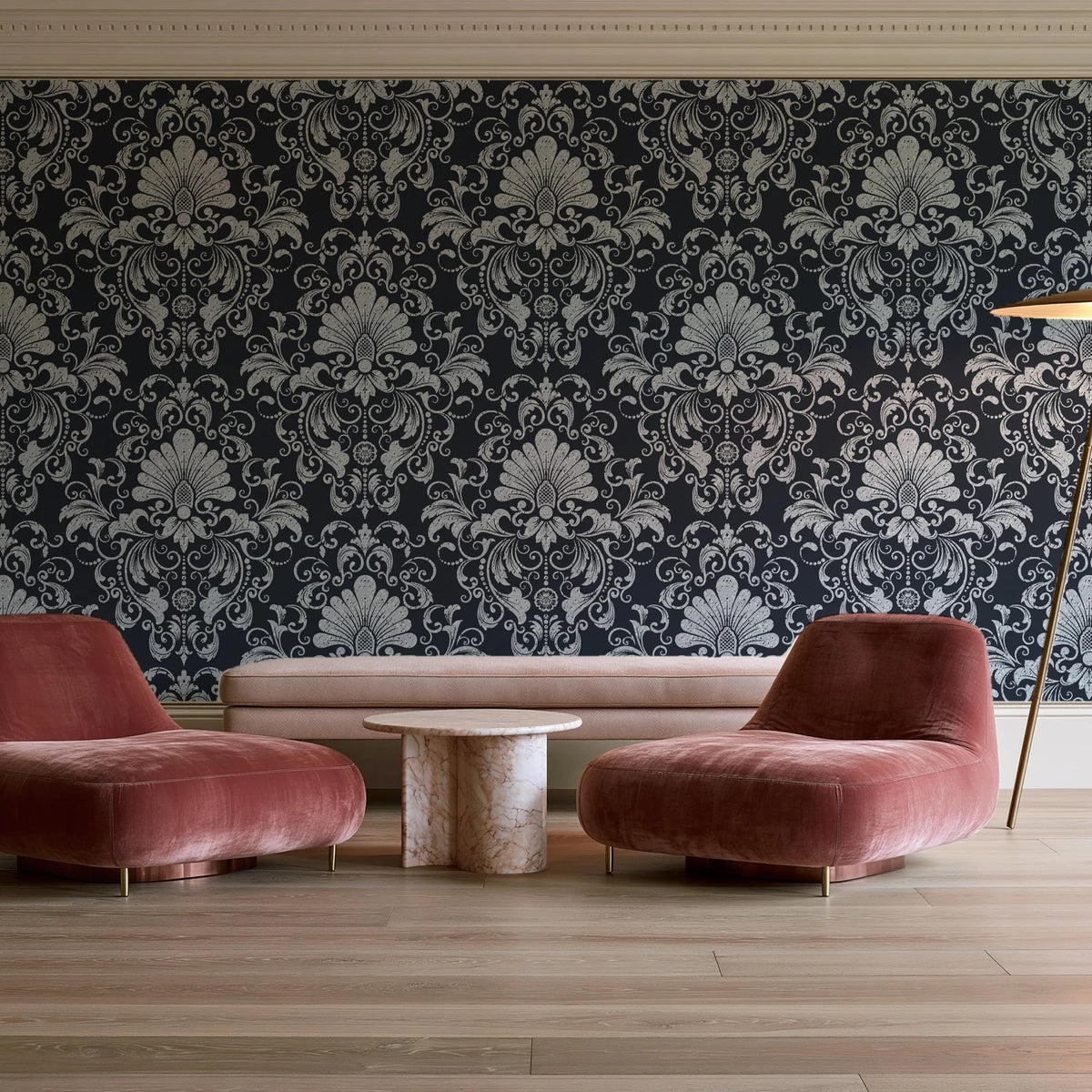 Blushed Whisper Graphite distressed damask wallpaper in a boutique hotel sitting area