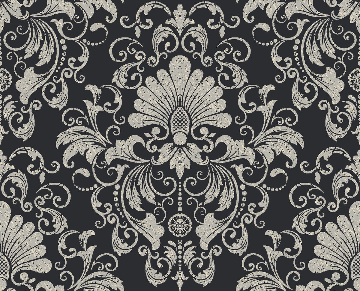 Blushed Whisper Graphite distressed damask wallpaper in graphite and pewter