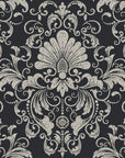 Blushed Whisper Graphite distressed damask wallpaper in graphite and pewter