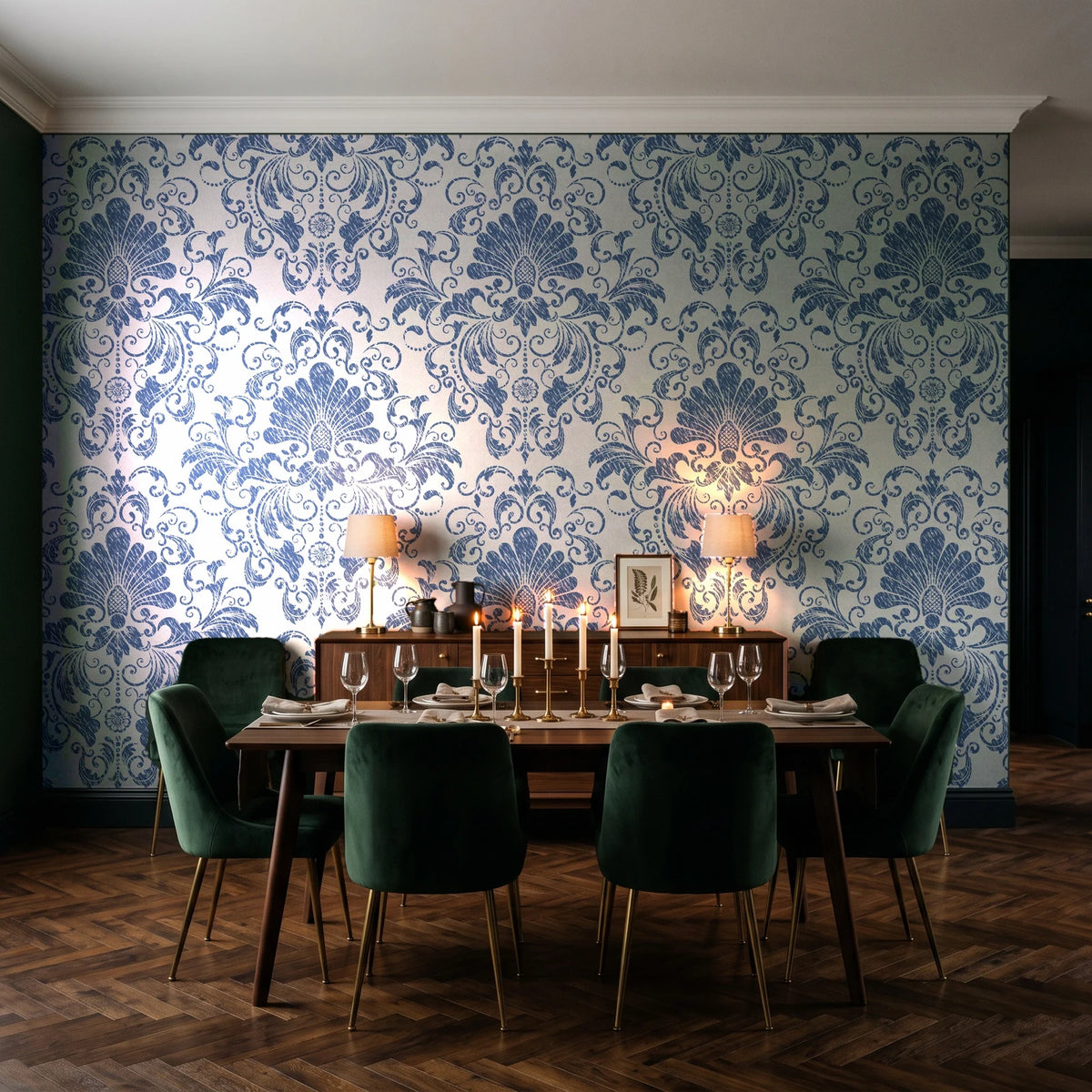 Blushed Whisper Linen distressed damask wallpaper in a dark moody dining room with a candlelit table