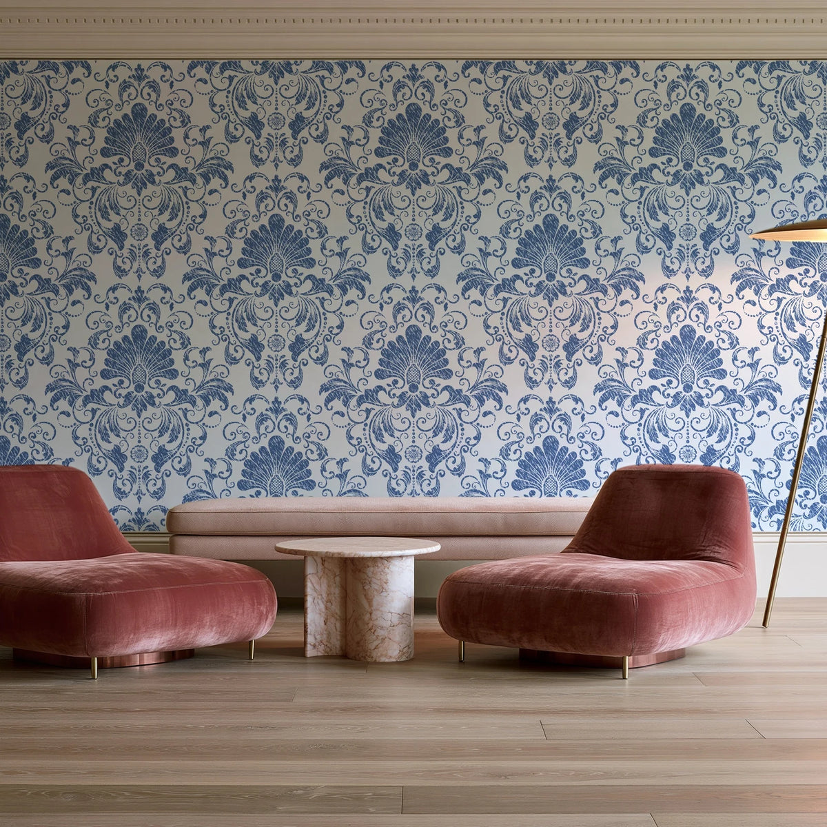 Blushed Whisper Linen distressed damask wallpaper in a boutique hotel sitting area