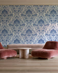 Blushed Whisper Linen distressed damask wallpaper in a boutique hotel sitting area