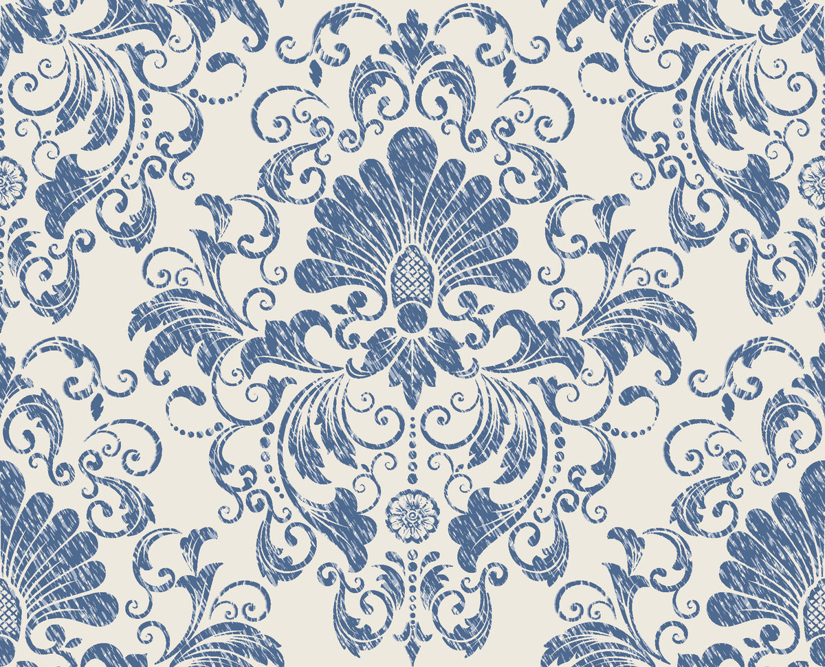 Blushed Whisper Linen distressed damask wallpaper in linen and slate blue