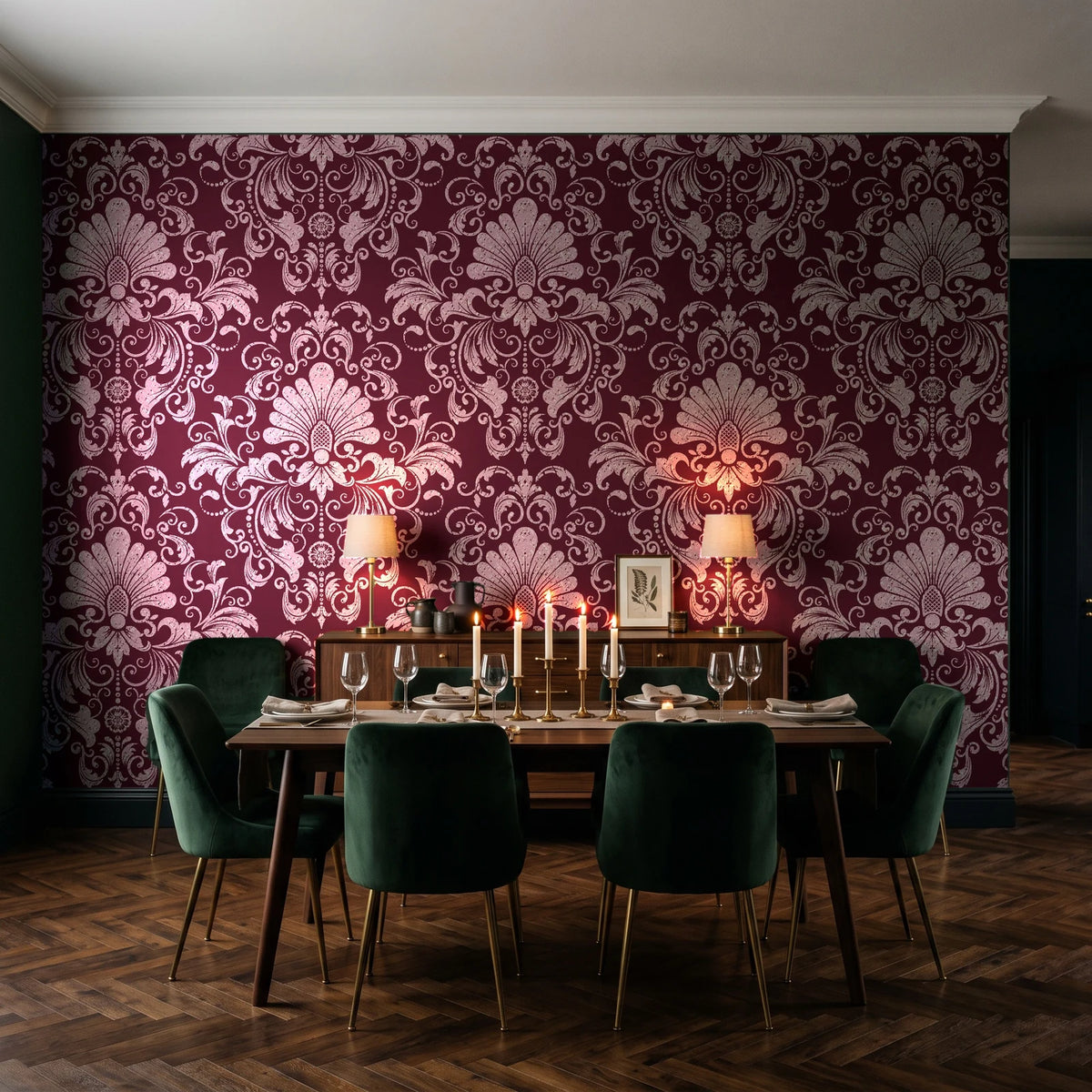 Blushed Whisper Oxblood distressed damask wallpaper in a dark moody dining room with a candlelit table