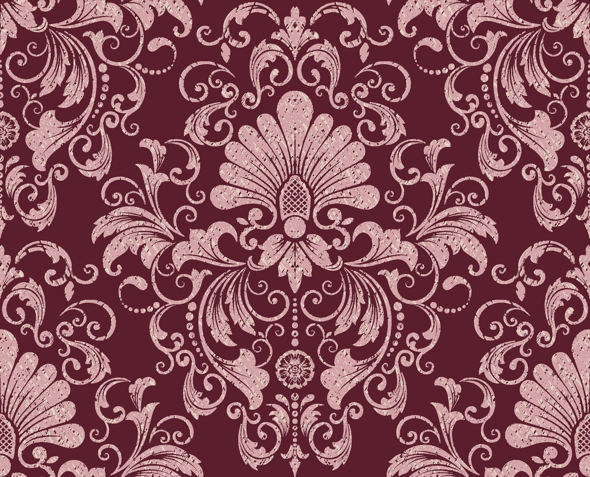 Blushed Whisper Oxblood distressed damask wallpaper in oxblood and rose