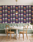 Bohemian Daisy Aubergine retro floral wallpaper as a feature wall in a sunlit breakfast nook