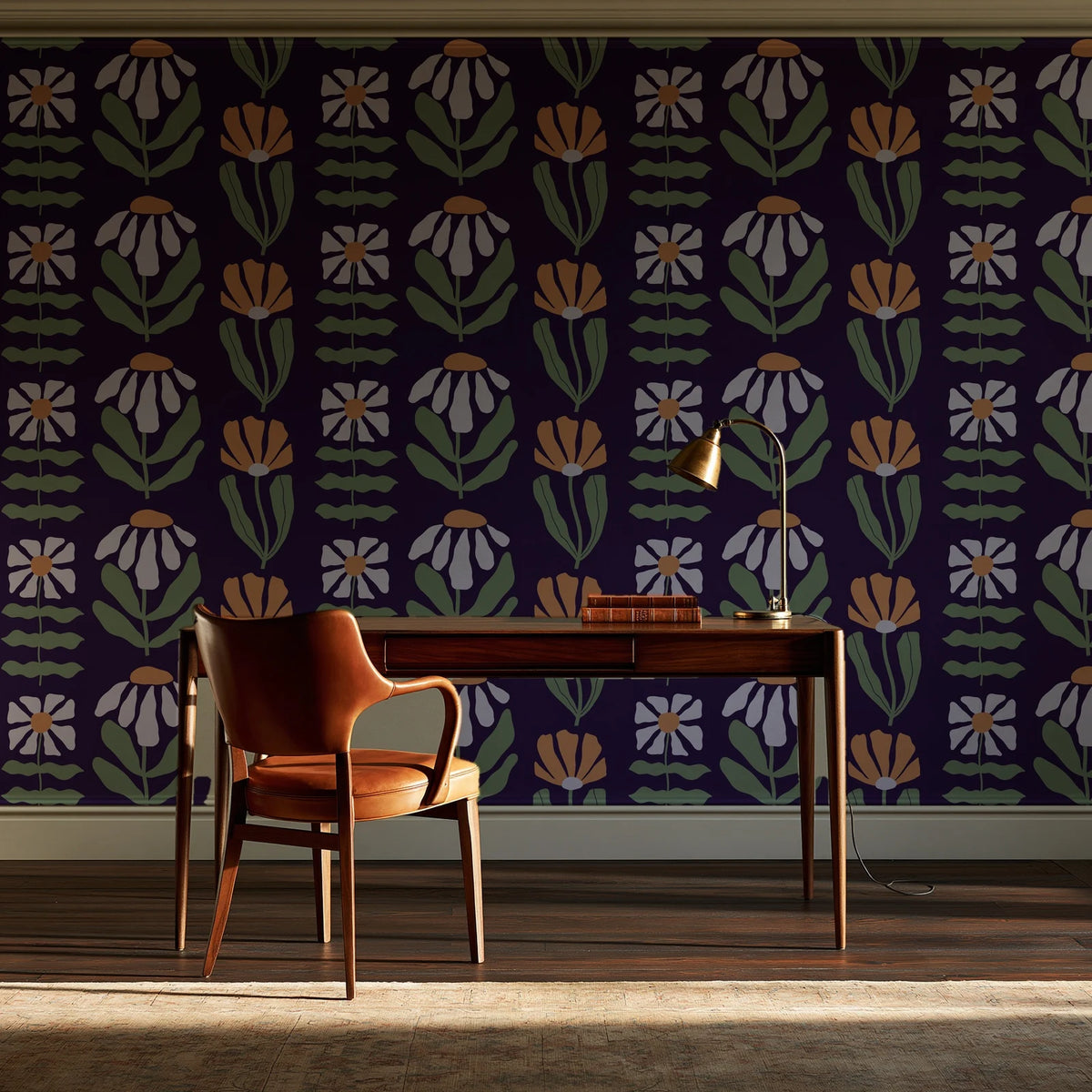 Bohemian Daisy Aubergine retro floral wallpaper as a feature wall in a home study