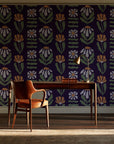 Bohemian Daisy Aubergine retro floral wallpaper as a feature wall in a home study