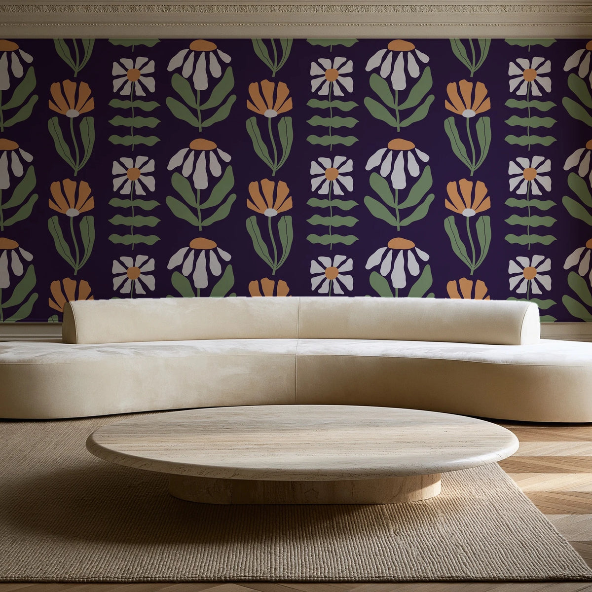 Bohemian Daisy Aubergine retro floral wallpaper in an elegant living room