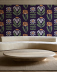 Bohemian Daisy Aubergine retro floral wallpaper in an elegant living room