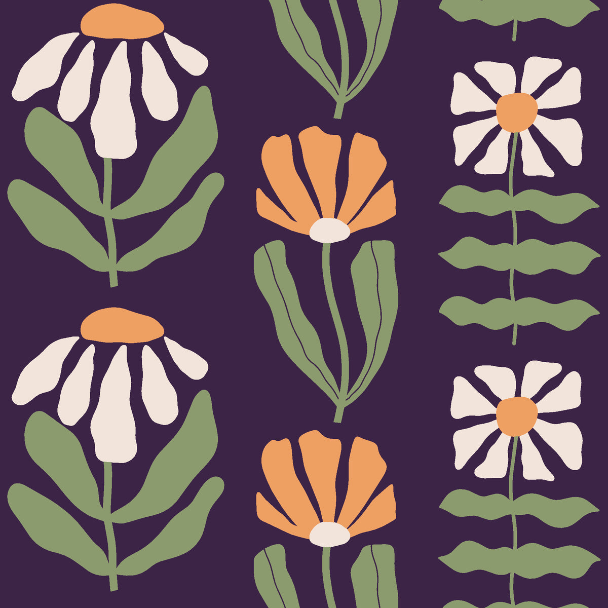 Bohemian Daisy Aubergine retro floral wallpaper in aubergine, apricot and blush