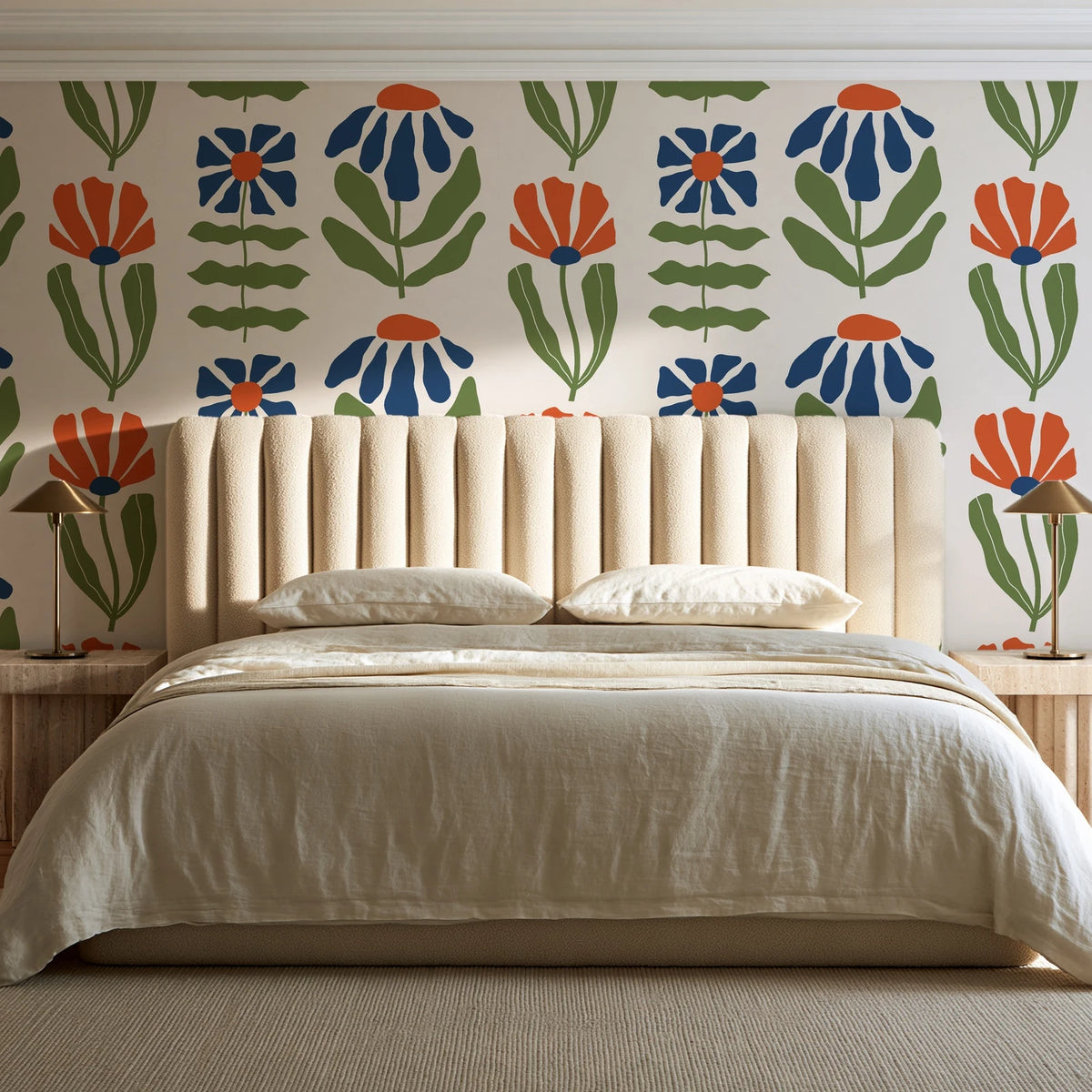 Bohemian Daisy Cream retro floral wallpaper behind a channel-tufted bed in a calm primary bedroom