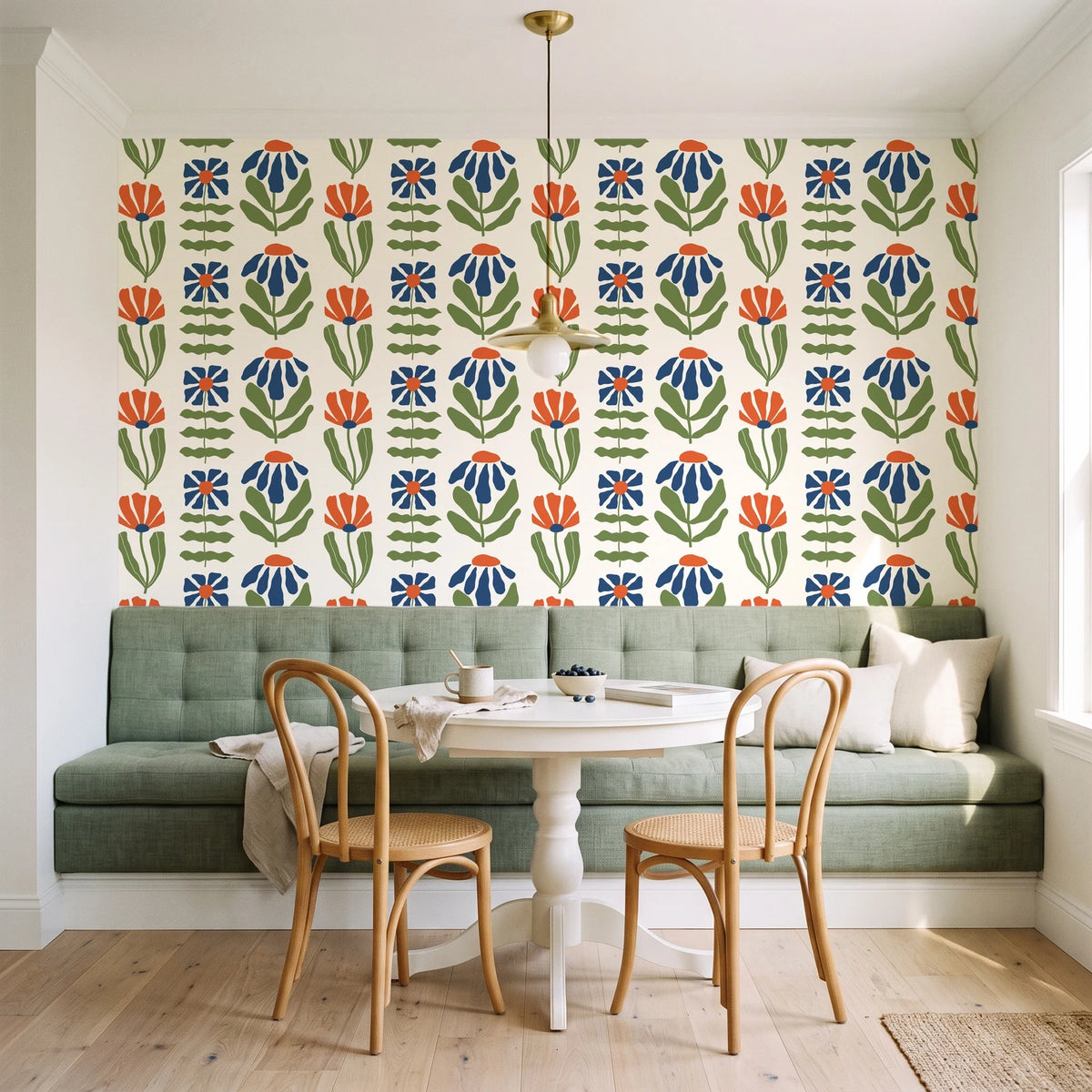 Bohemian Daisy Cream retro floral wallpaper as a feature wall in a sunlit breakfast nook
