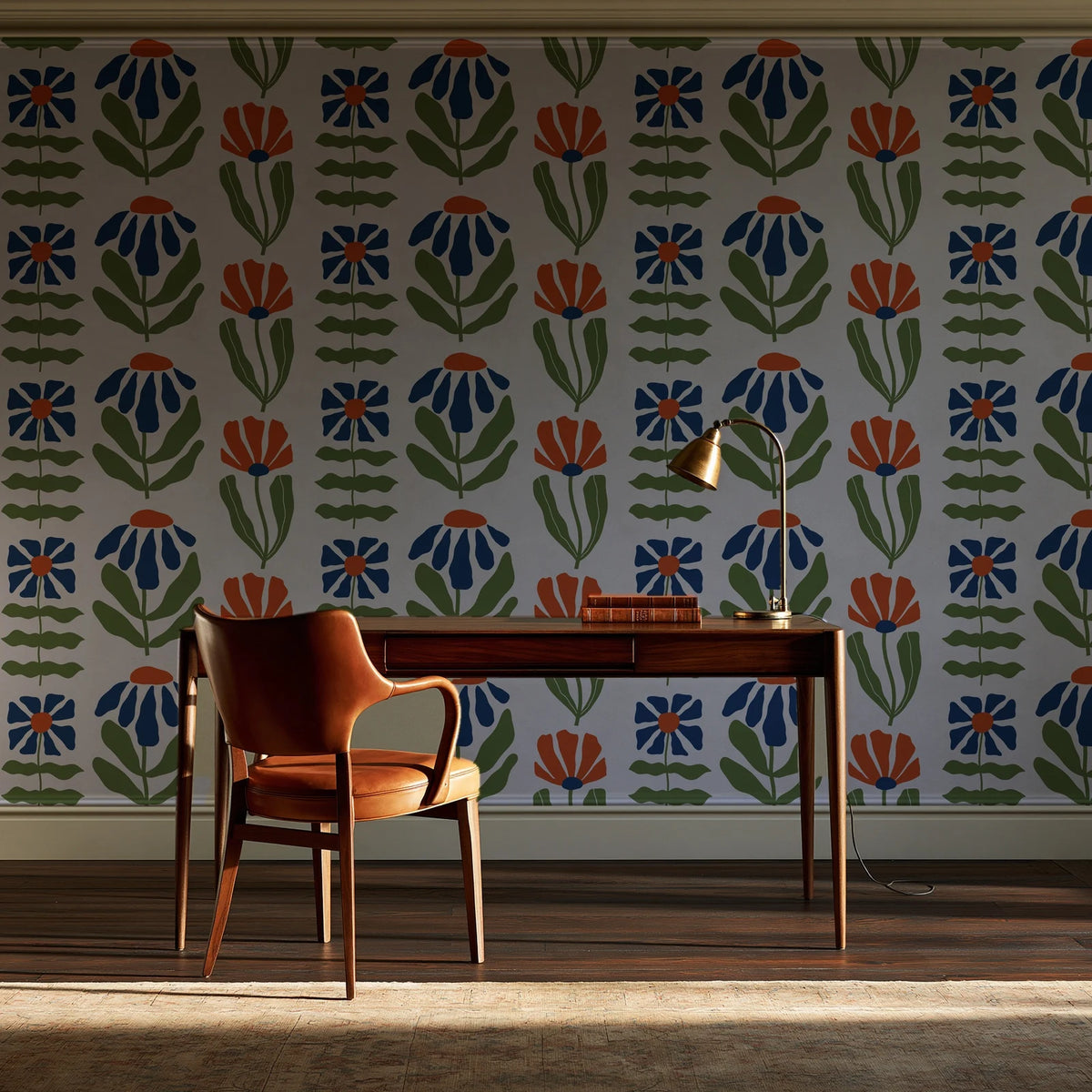 Bohemian Daisy Cream retro floral wallpaper as a feature wall in a home study