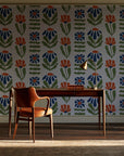 Bohemian Daisy Cream retro floral wallpaper as a feature wall in a home study
