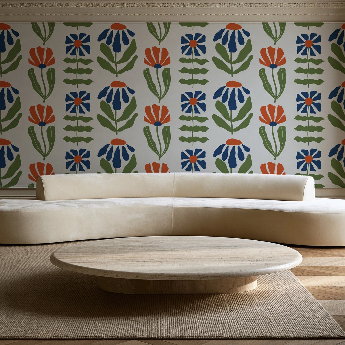 Bohemian Daisy Cream retro floral wallpaper in an elegant living room