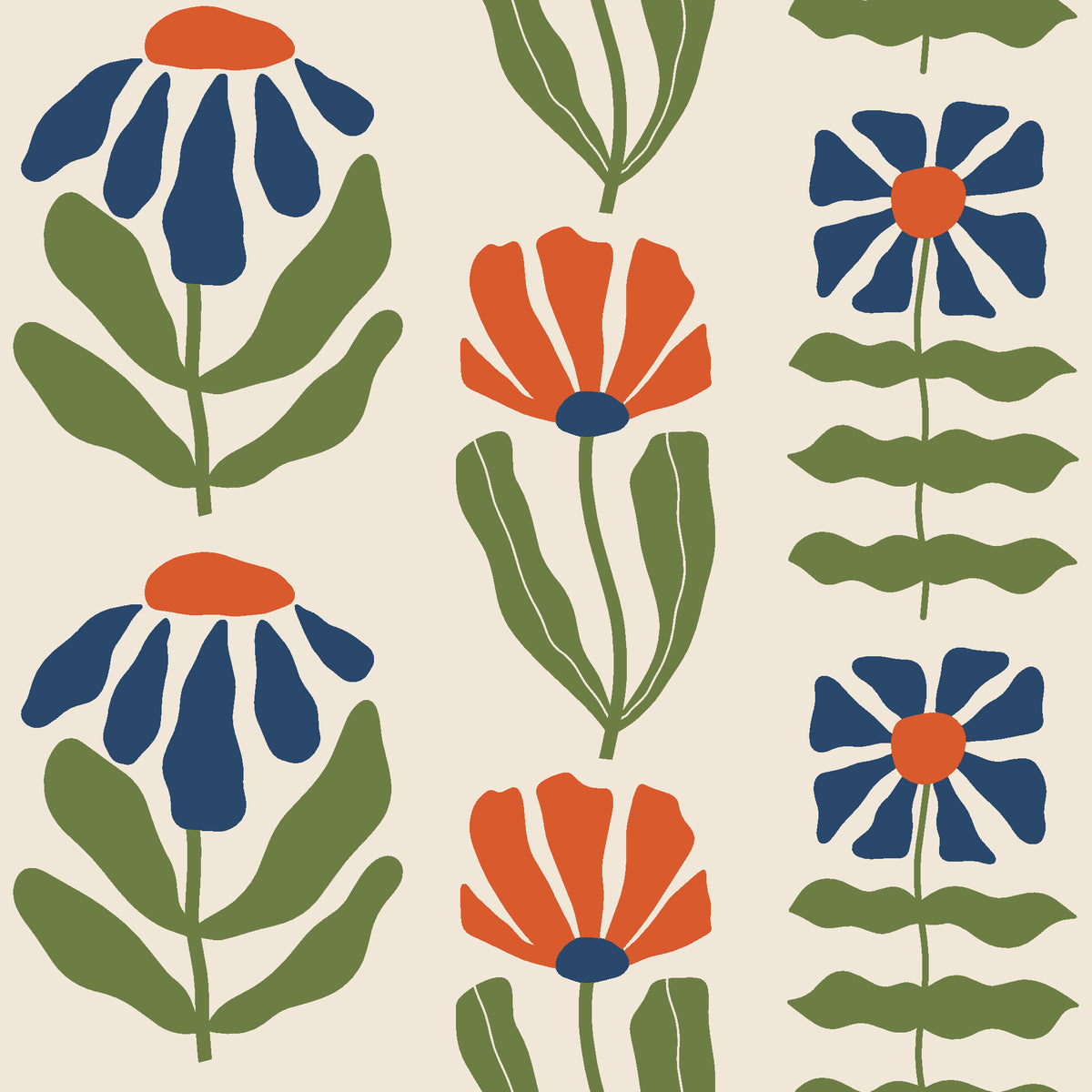 Bohemian Daisy Cream retro floral wallpaper in cream, navy and terracotta