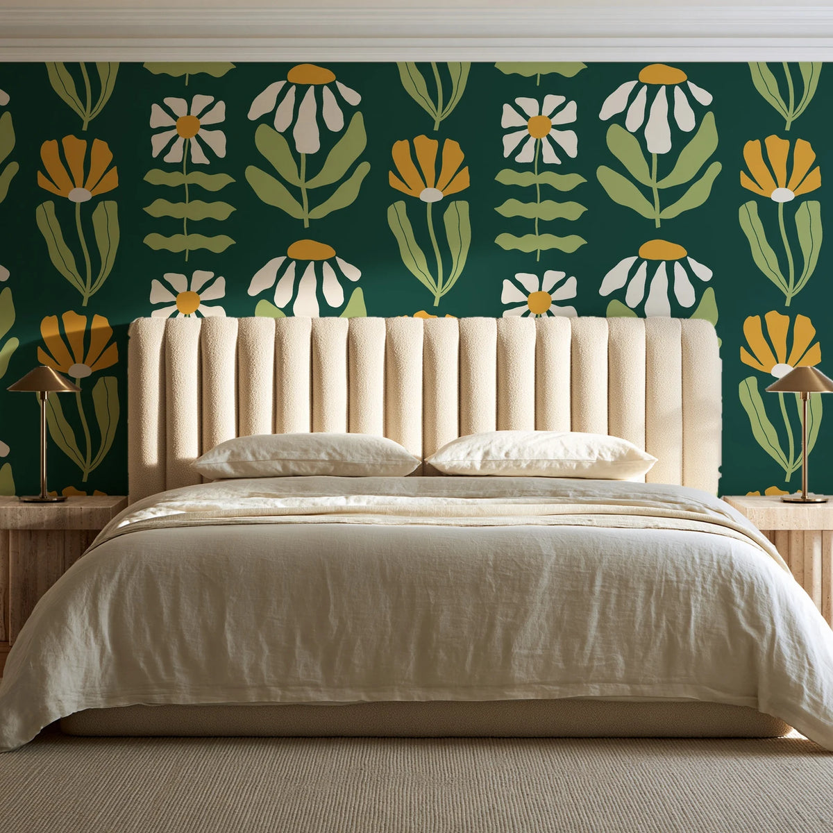 Bohemian Daisy Forest retro floral wallpaper behind a channel-tufted bed in a calm primary bedroom