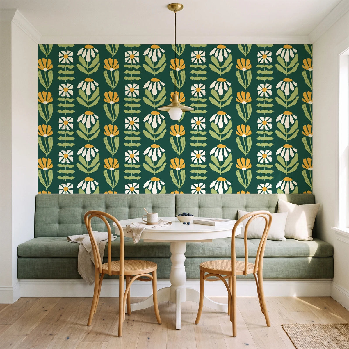 Bohemian Daisy Forest retro floral wallpaper as a feature wall in a sunlit breakfast nook