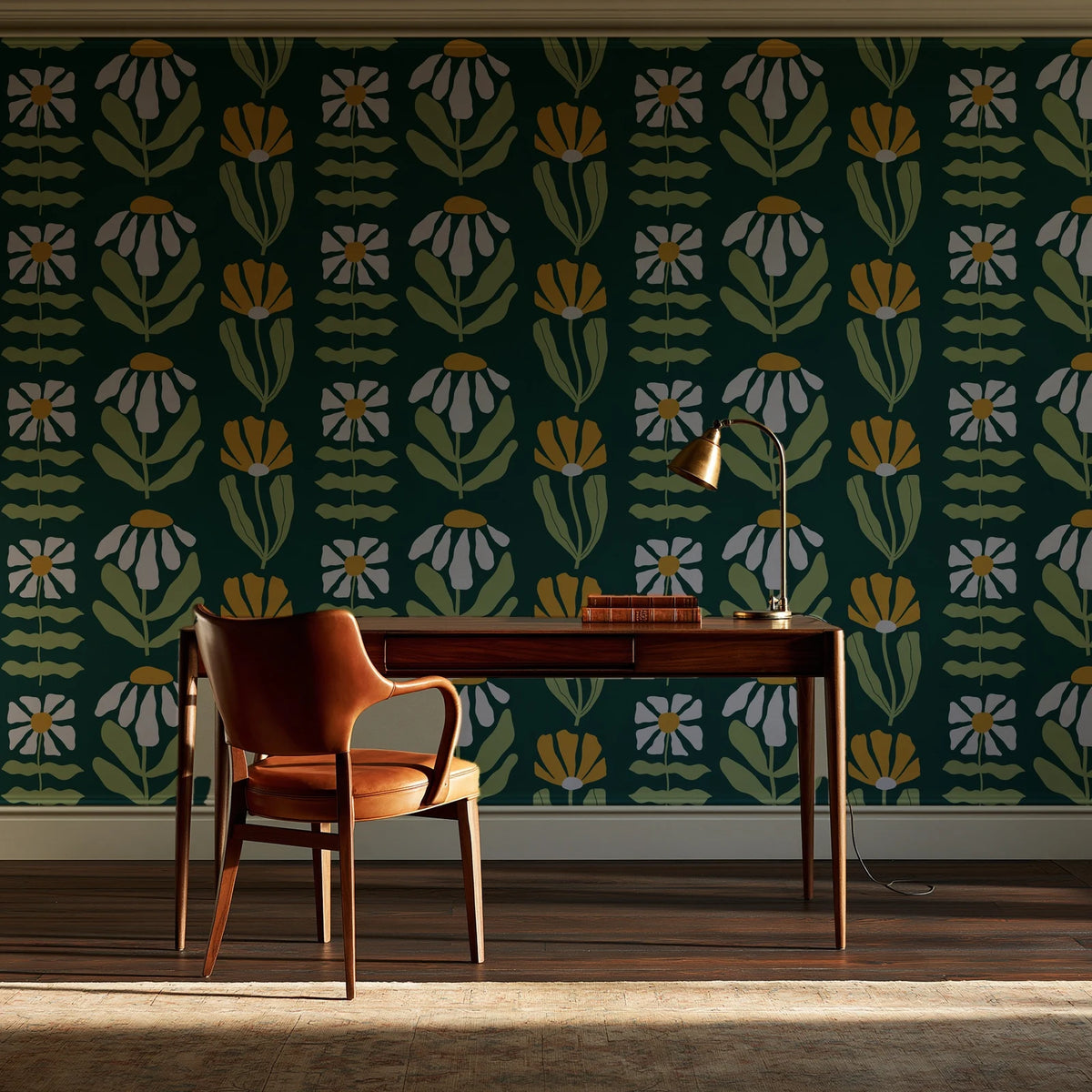 Bohemian Daisy Forest retro floral wallpaper as a feature wall in a home study