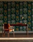 Bohemian Daisy Forest retro floral wallpaper as a feature wall in a home study