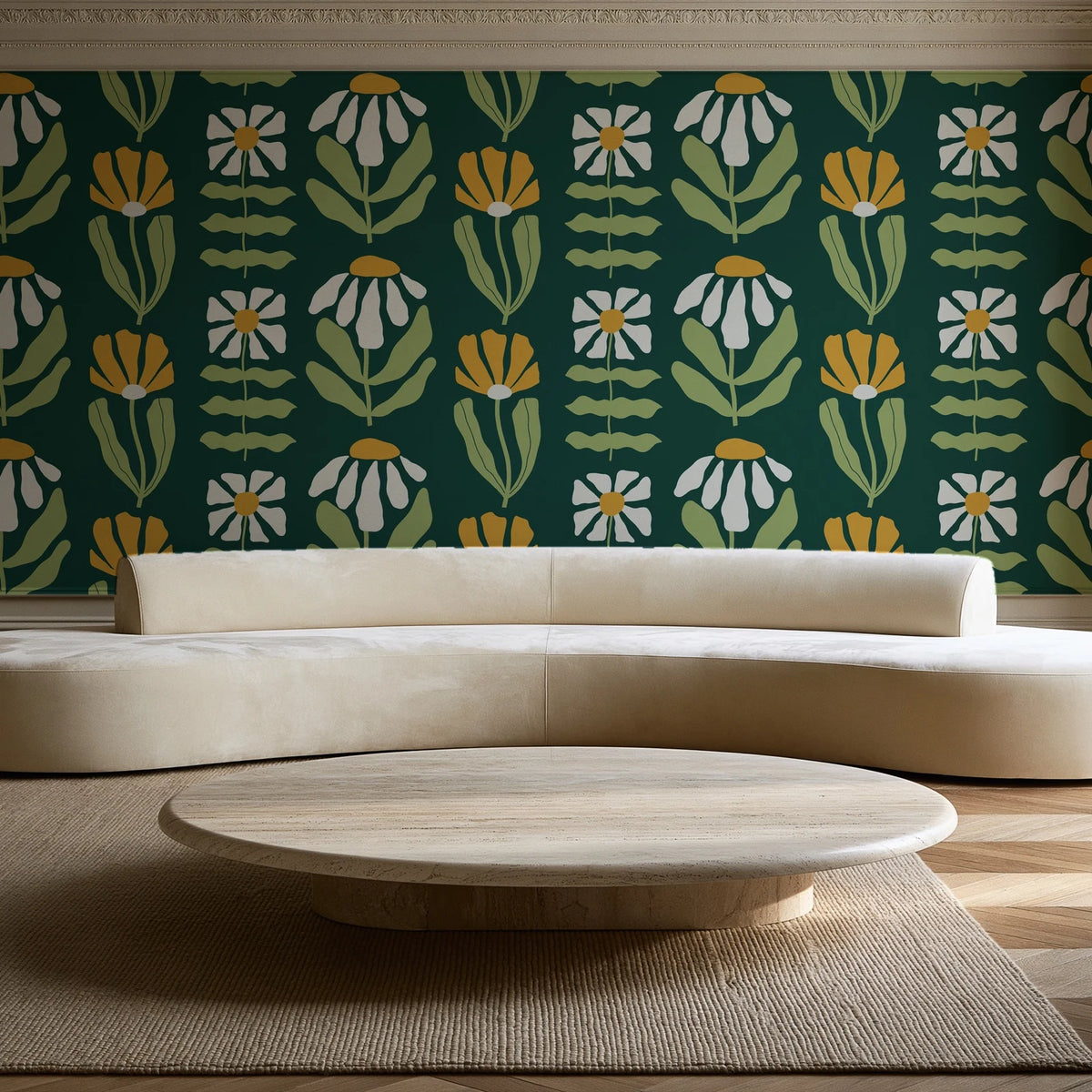 Bohemian Daisy Forest retro floral wallpaper in an elegant living room