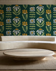 Bohemian Daisy Forest retro floral wallpaper in an elegant living room