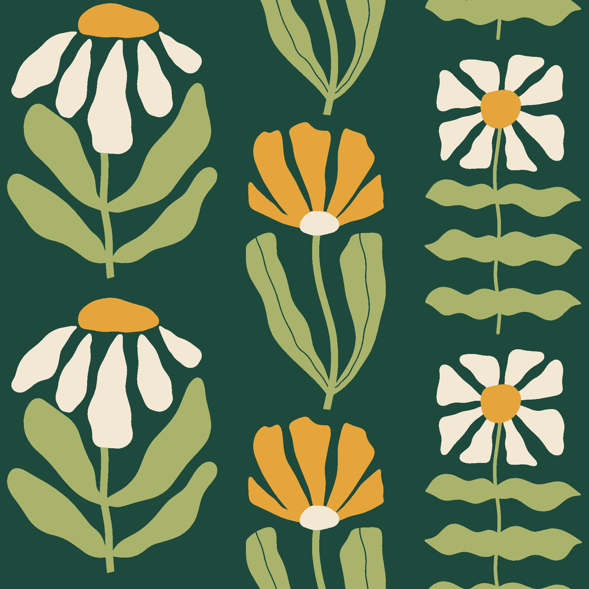 Bohemian Daisy Forest retro floral wallpaper in forest green, marigold and ivory