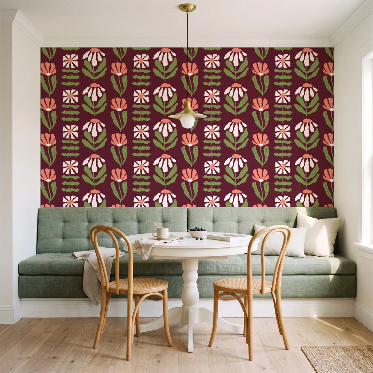 Bohemian Daisy Oxblood retro floral wallpaper as a feature wall in a sunlit breakfast nook